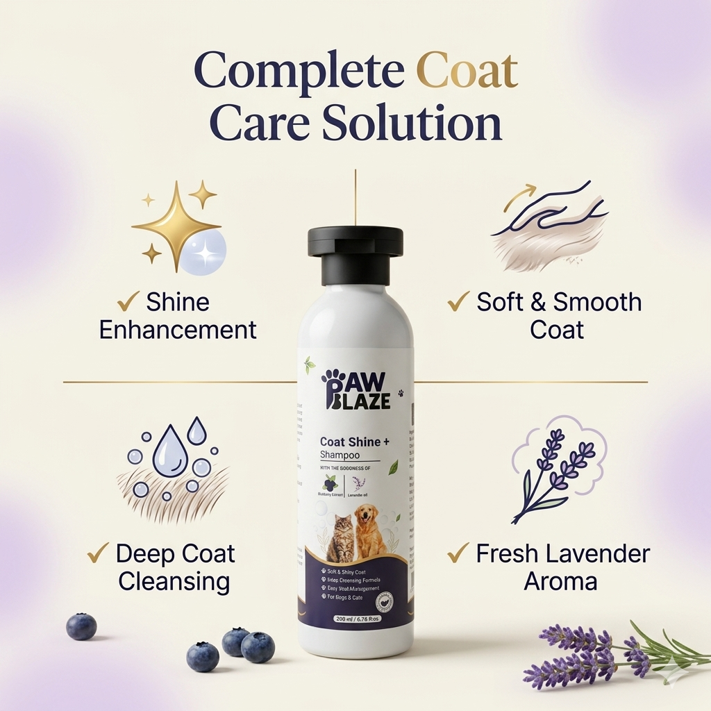 PawBlaze Coat Shine+ Dog & Cat Shampoo | Blueberry Extract & Lavender Oil | Soft, Shiny & Healthy Coat | 200ml