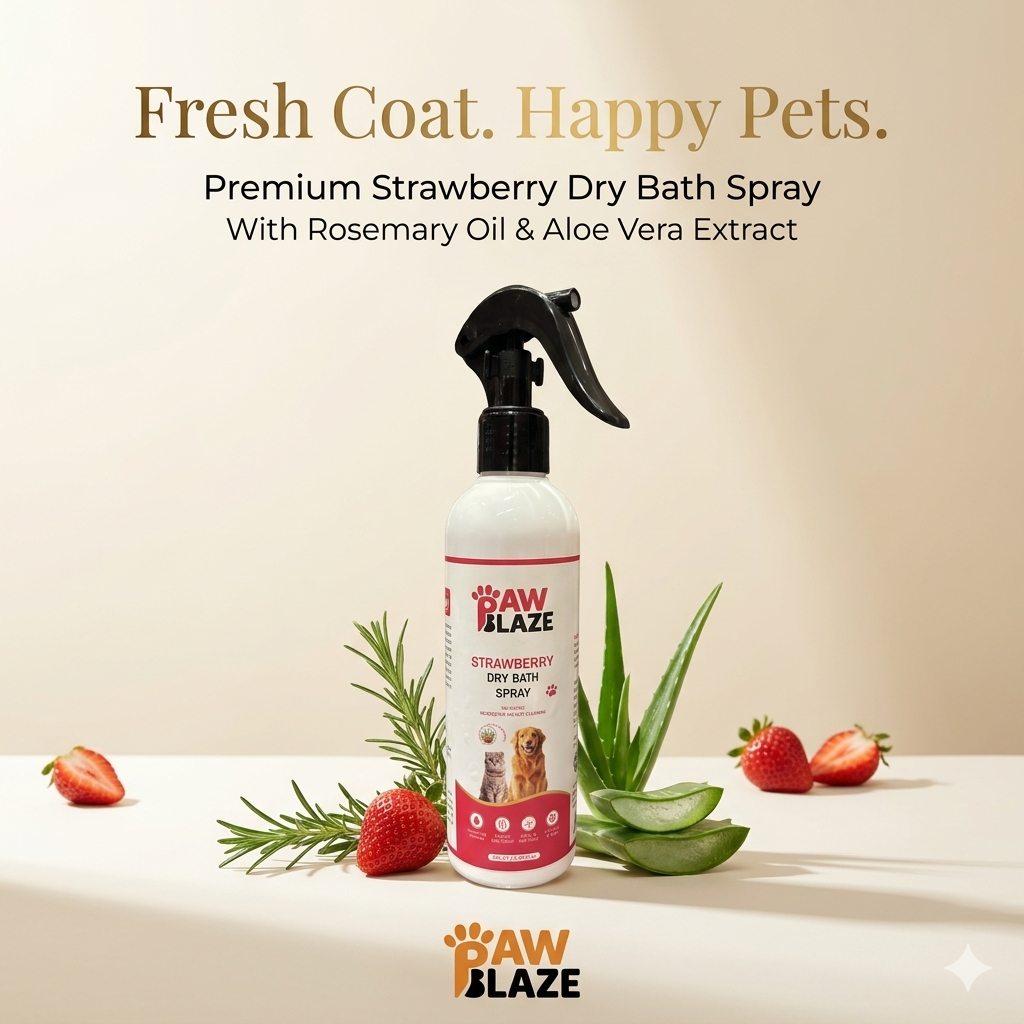PawBlaze Waterless Dry Bath Spray for Dogs & Cats | Strawberry Extract, Rosemary Oil & Aloe Vera | 250ml