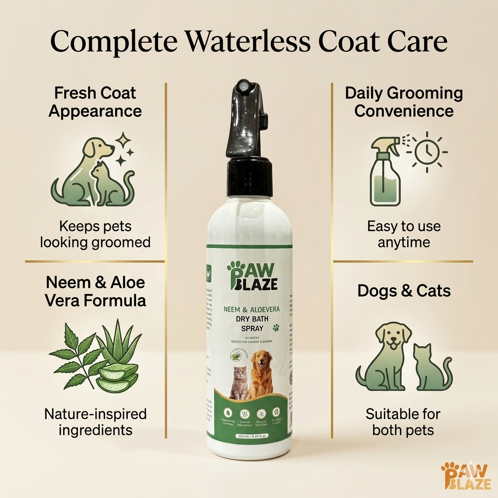 PawBlaze Neem & Aloe Vera Waterless Dry Bath Spray for Dogs & Cats | Cleans, Deodorizes & Refreshes Without Water | 250ml