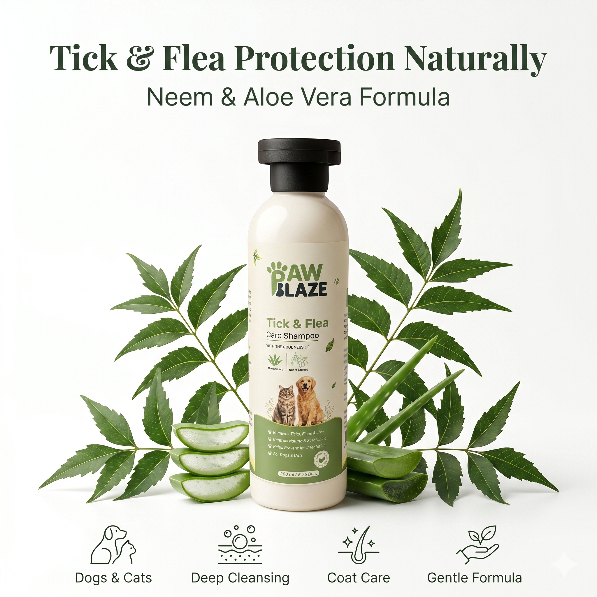 PawBlaze Tick & Flea Care Shampoo for Dogs & Cats | Neem & Aloe Vera Extract | Helps Remove Ticks & Fleas | Deep Cleansing & Healthy Coat | 200ml