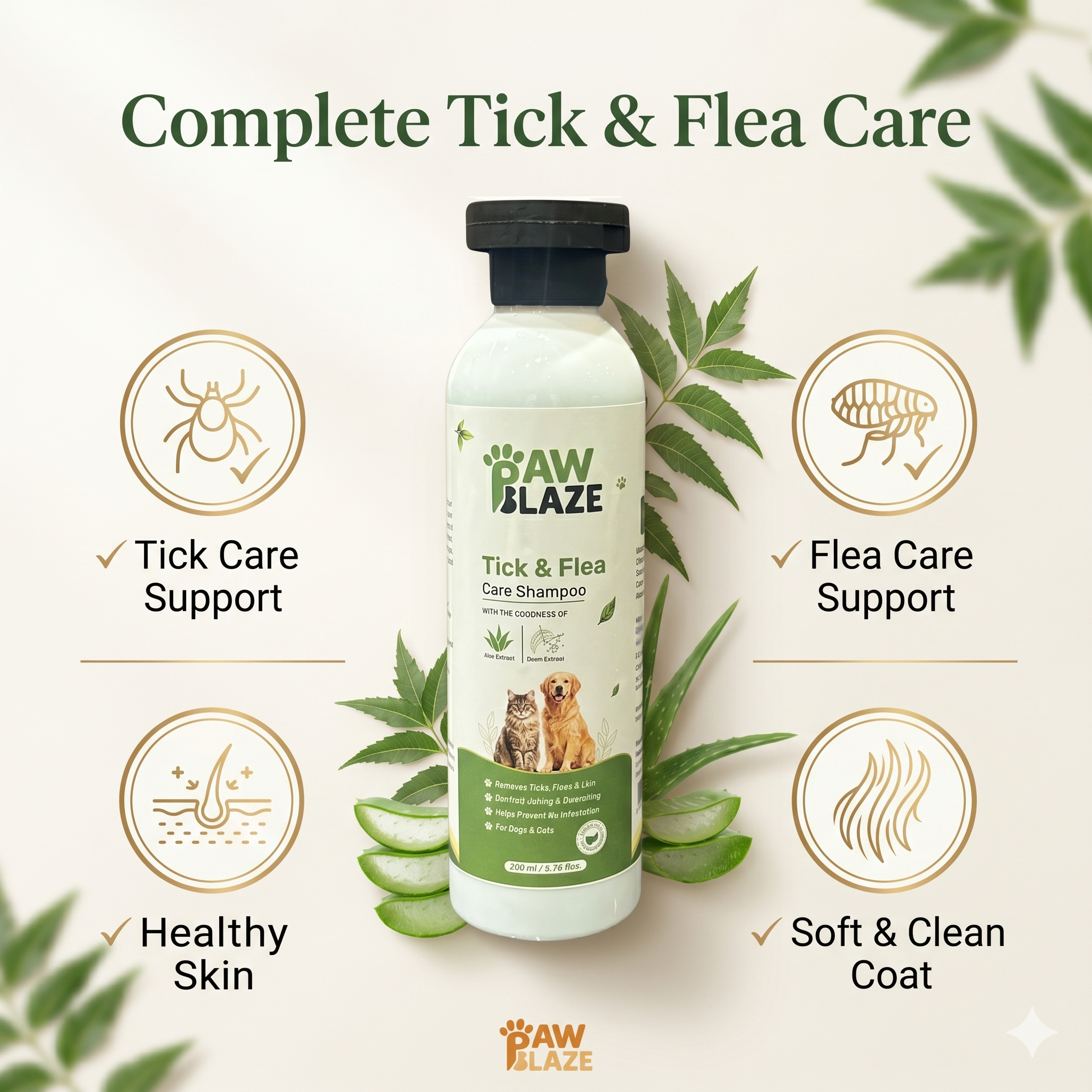 PawBlaze Tick & Flea Care Shampoo for Dogs & Cats | Neem & Aloe Vera Extract | Helps Remove Ticks & Fleas | Deep Cleansing & Healthy Coat | 200ml