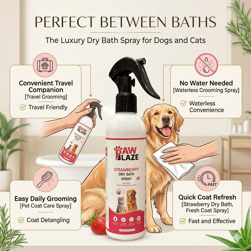 PawBlaze Waterless Dry Bath Spray for Dogs & Cats | Strawberry Extract, Rosemary Oil & Aloe Vera | 250ml