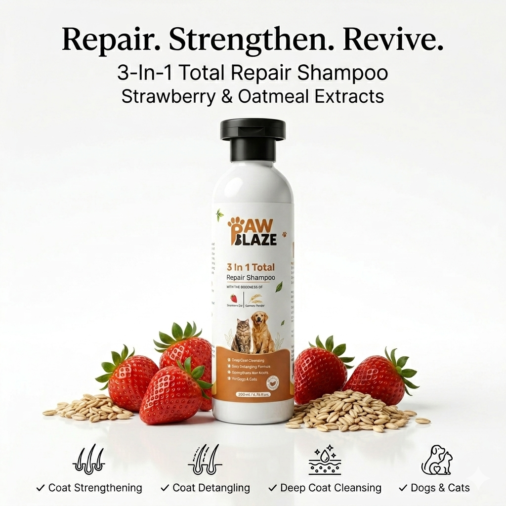 PawBlaze Total Repair 3-in-1 Pet Shampoo | Deep Cleansing, Coat Strengthening & Detangling | Dogs & Cats | 200ml